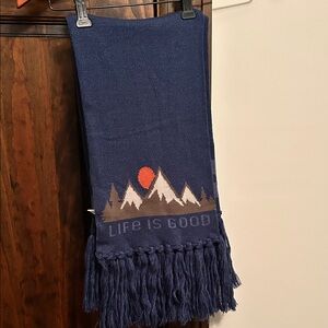 Life Is Good Dark Blue Scarf with Mountain and Sun Design